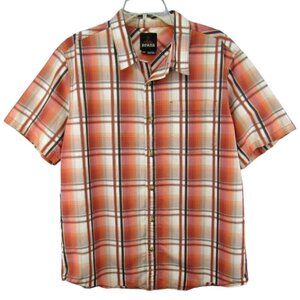 Prana Orange Gray Plaid Short Sleeve Button Up Camp Shirt Mens Size L Pocket